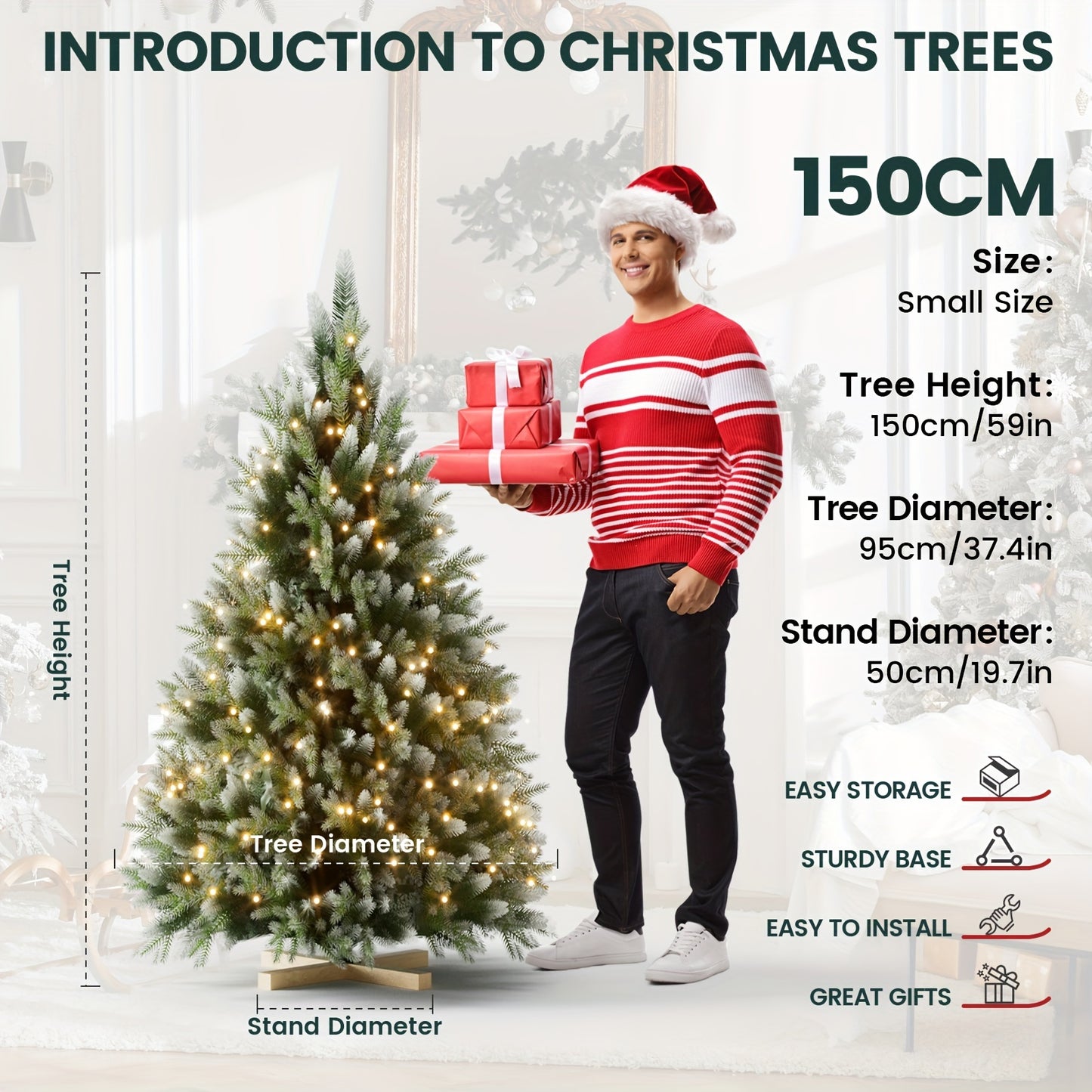 Verschneiter LED-Weihnachtsbaum 150–210 cm – künstliche Tanne mit Holzständer🎅🎄
