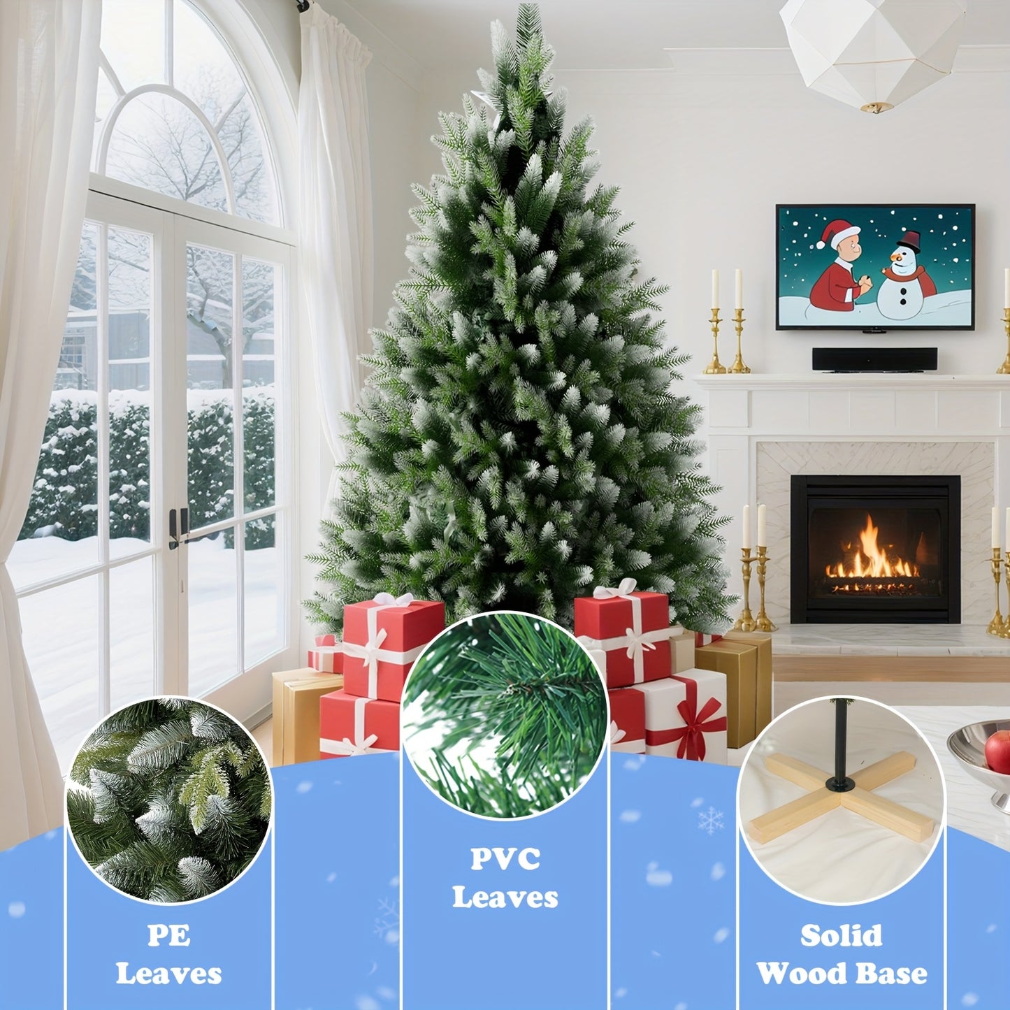 Großer künstlicher Weihnachtsbaum mit Holzfuß & Kunstschnee – perfekte Weihnachtsdeko für Haus & Büro 🎄❄️ 150/180/225cm