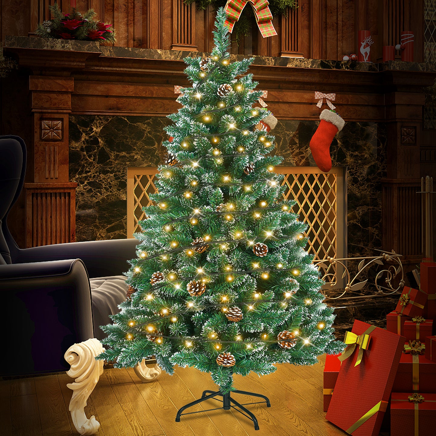 Künstlicher Weihnachtsbaum mit IP44-LEDs & Schneeeffekt – realistischer PVC-Baum mit Metallständer und Lichter🎄💡 120-240cm