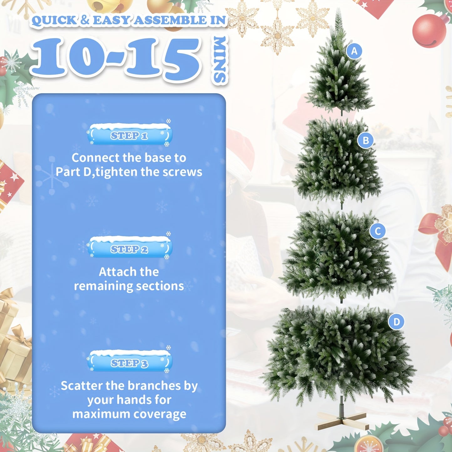 Großer künstlicher Weihnachtsbaum mit Holzfuß & Kunstschnee – perfekte Weihnachtsdeko für Haus & Büro 🎄❄️ 150/180/225cm