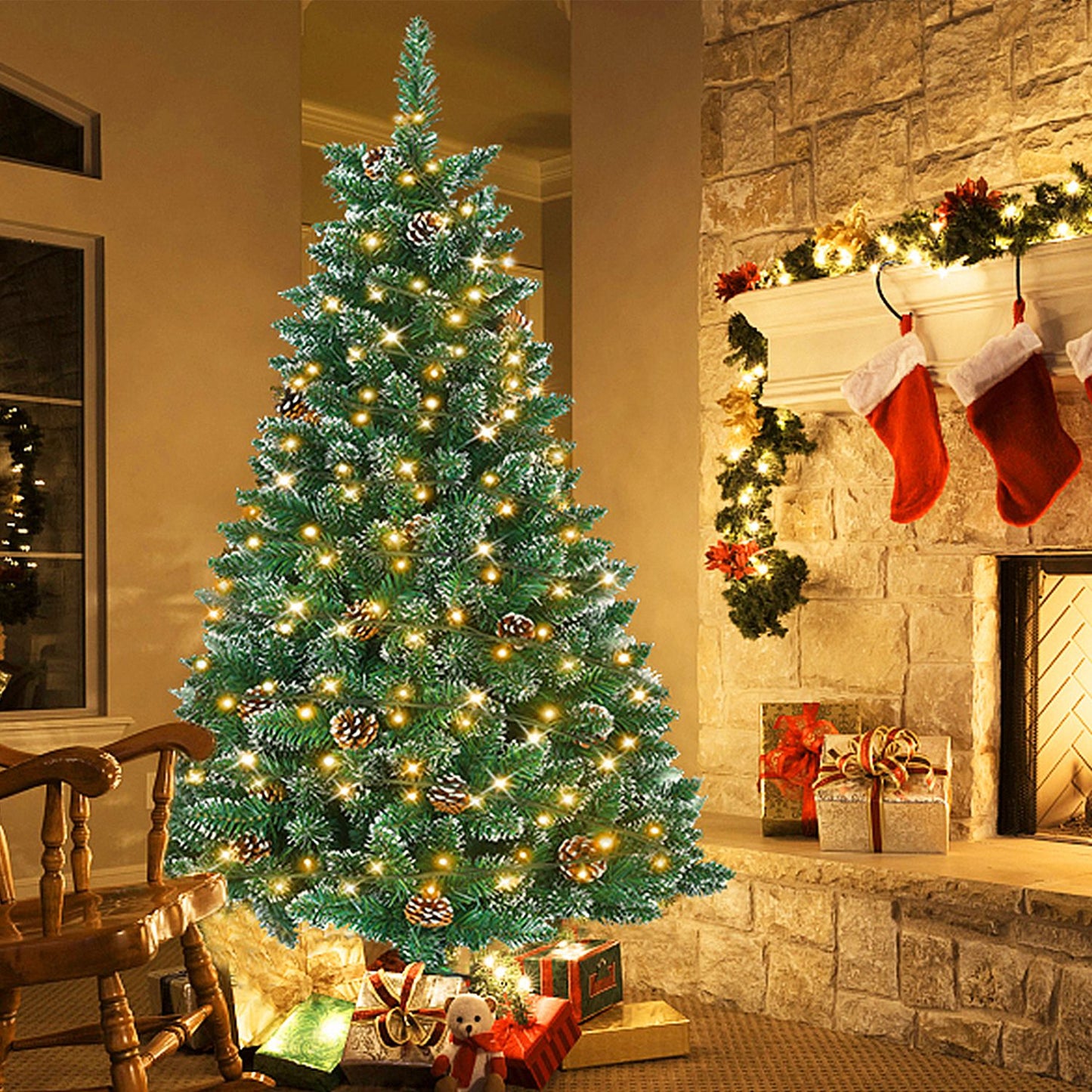 Künstlicher Weihnachtsbaum mit IP44-LEDs & Schneeeffekt – realistischer PVC-Baum mit Metallständer und Lichter🎄💡 120-240cm