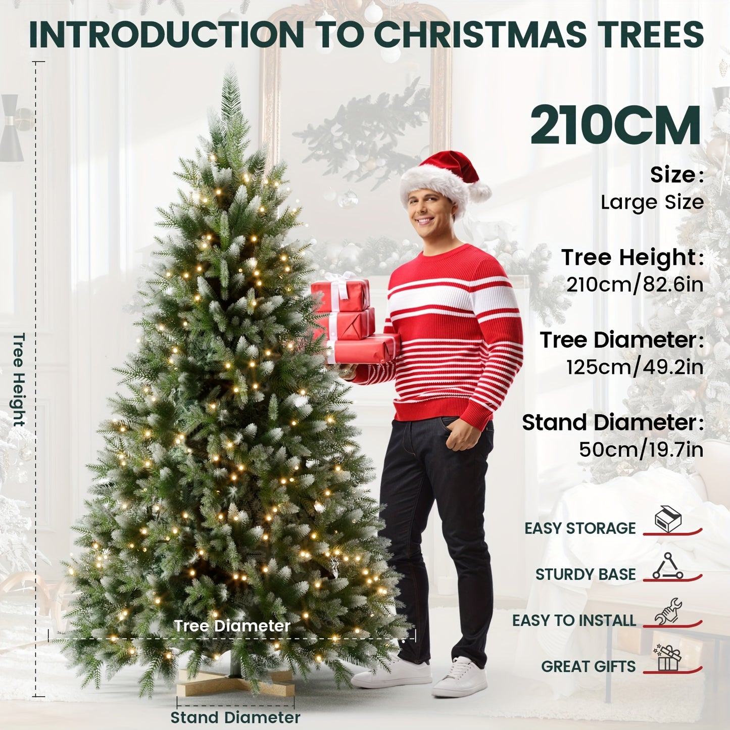 Verschneiter LED-Weihnachtsbaum 150–210 cm – künstliche Tanne mit Holzständer🎅🎄