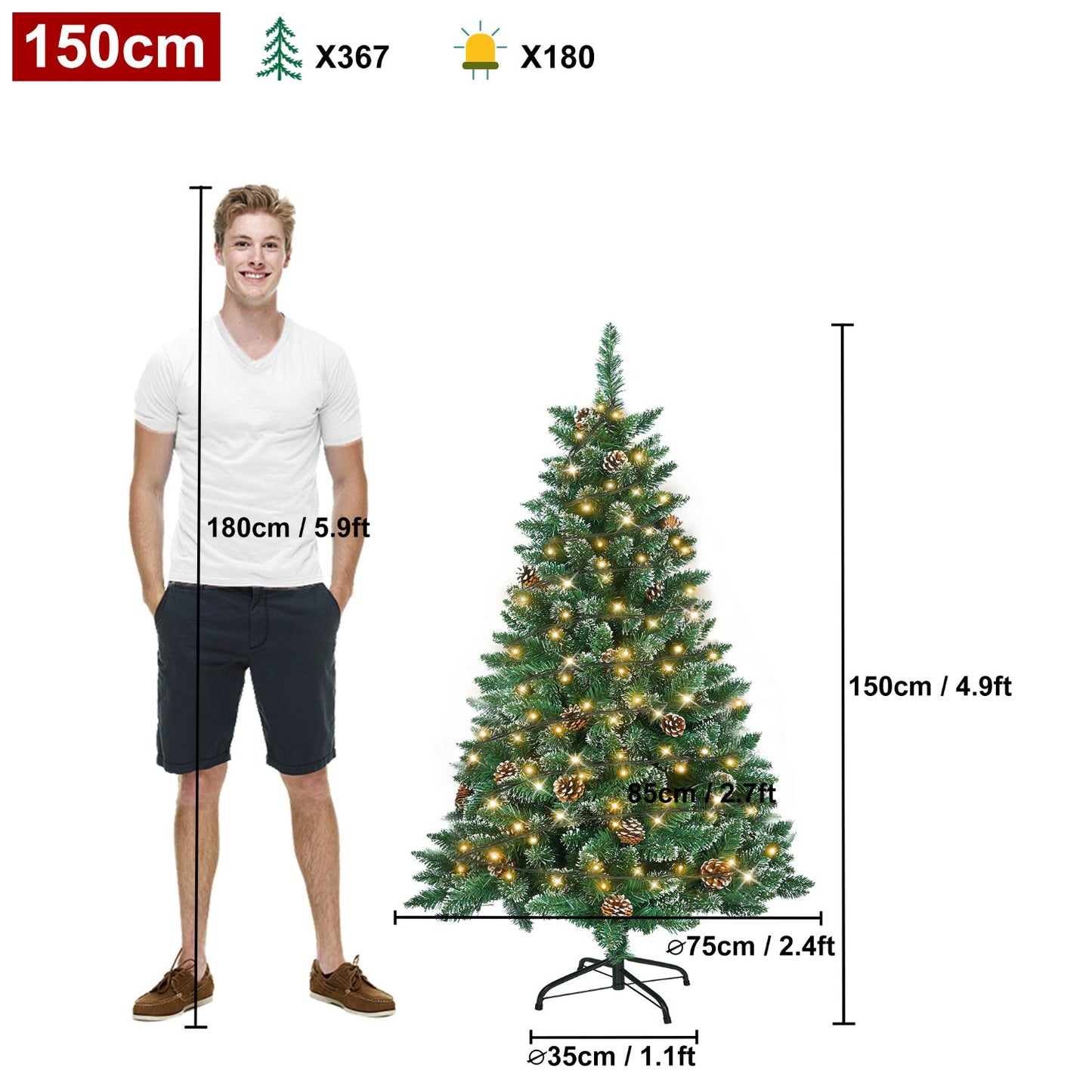 Künstlicher Weihnachtsbaum mit IP44-LEDs & Schneeeffekt – realistischer PVC-Baum mit Metallständer und Lichter🎄💡 120-240cm