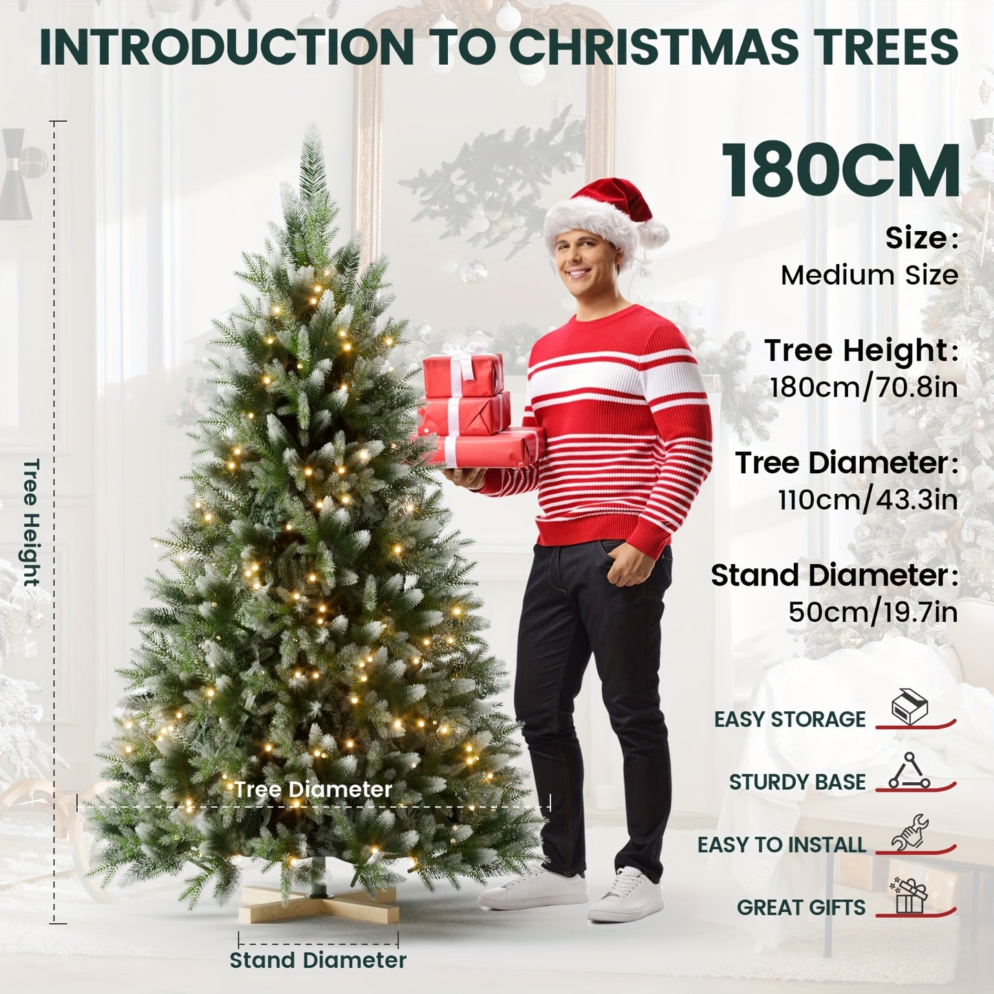 Verschneiter LED-Weihnachtsbaum 150–210 cm – künstliche Tanne mit Holzständer🎅🎄