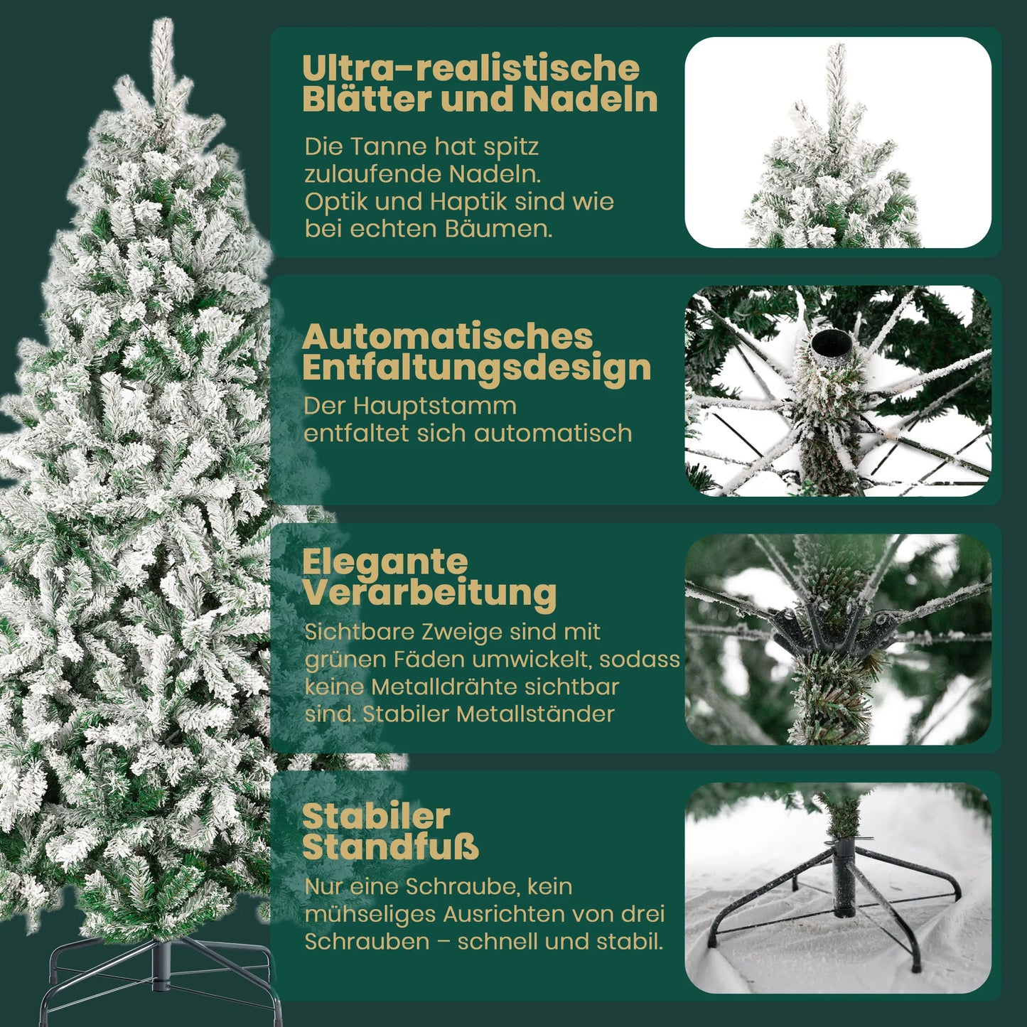 Weihnachtsbaum 180cm mit 1106 Zweigen, Schnee-Look und Metall Ständer für festen Stand