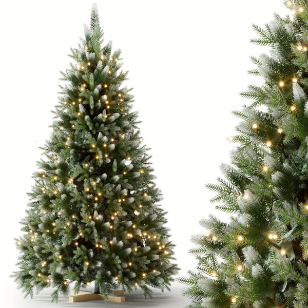 Verschneiter LED-Weihnachtsbaum 150–210 cm – künstliche Tanne mit Holzständer🎅🎄